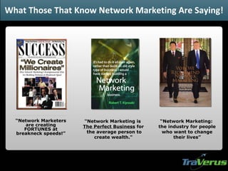 “ Network Marketers are creating FORTUNES at breakneck speeds!” "Network Marketing is  The Perfect Business  for  the average person to create wealth." “ Network Marketing:  the industry for people who want to change their lives” What Those That Know Network Marketing Are Saying! 
