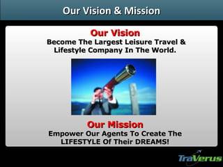 Our Vision Become The Largest Leisure Travel & Lifestyle Company In The World. Our Mission Empower Our Agents To Create The LIFESTYLE Of Their DREAMS! Our Vision & Mission 