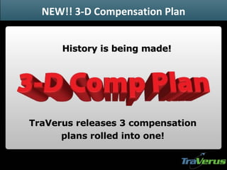NEW!! 3-D Compensation Plan History is being made! TraVerus releases 3 compensation plans rolled into one! 
