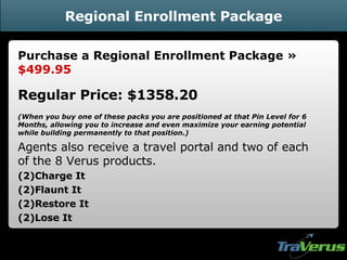 Regional Enrollment Package Purchase a Regional Enrollment Package »  $499.95 Regular Price: $1358.20 (When you buy one of these packs you are positioned at that Pin Level for 6 Months, allowing you to increase and even maximize your earning potential while building permanently to that position.) Agents also receive a travel portal and two of each of the 8 Verus products. (2)Charge It  (2)Flaunt It  (2)Restore It  (2)Lose It 