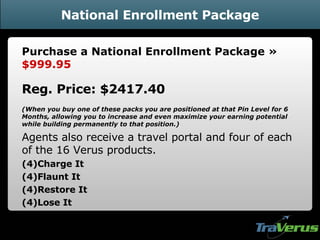 National Enrollment Package Purchase a National Enrollment Package »  $999.95 Reg. Price: $2417.40 (When you buy one of these packs you are positioned at that Pin Level for 6 Months, allowing you to increase and even maximize your earning potential while building permanently to that position.) Agents also receive a travel portal and four of each of the 16 Verus products. (4)Charge It  (4)Flaunt It  (4)Restore It  (4)Lose It 