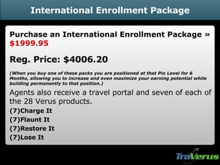 International Enrollment Package Purchase an International Enrollment Package »  $1999.95 Reg. Price: $4006.20 (When you buy one of these packs you are positioned at that Pin Level for 6 Months, allowing you to increase and even maximize your earning potential while building permanently to that position.) Agents also receive a travel portal and seven of each of the 28 Verus products. (7)Charge It  (7)Flaunt It  (7)Restore It  (7)Lose It 