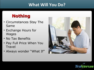 Circumstances Stay The Same Exchange Hours for Wages No Tax Benefits Pay Full Price When You Travel Always wonder “What If” Nothing What Will You Do? 