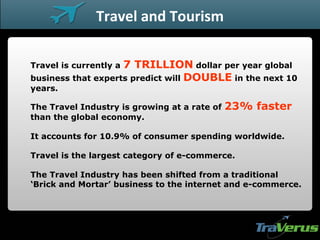Travel is currently a  7 TRILLION  dollar per year global business that experts predict will  DOUBLE  in the next 10 years. The Travel Industry is growing at a rate of  23% faster  than the global economy. It accounts for 10.9% of consumer spending worldwide. Travel is the largest category of e-commerce. The Travel Industry has been shifted from a traditional ‘Brick and Mortar’ business to the internet and e-commerce. Travel and Tourism 