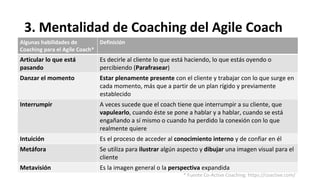 3. Mentalidad de Coaching del Agile Coach
Algunas habilidades de
Coaching para el Agile Coach*
Definición
Articular lo que está
pasando
Es decirle al cliente lo que está haciendo, lo que estás oyendo o
percibiendo (Parafrasear)
Danzar el momento Estar plenamente presente con el cliente y trabajar con lo que surge en
cada momento, más que a partir de un plan rígido y previamente
establecido
Interrumpir A veces sucede que el coach tiene que interrumpir a su cliente, que
vapulearlo, cuando éste se pone a hablar y a hablar, cuando se está
engañando a sí mismo o cuando ha perdido la conexión con lo que
realmente quiere
Intuición Es el proceso de acceder al conocimiento interno y de confiar en él
Metáfora Se utiliza para ilustrar algún aspecto y dibujar una imagen visual para el
cliente
Metavisión Es la imagen general o la perspectiva expandida
* Fuente Co-Active Coaching: https://coactive.com/
 