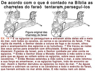 De acordo com o que é contado na Bíblia as
charretes do faraó tentaram perseguí-los
Figura original dasFigura original das
charretes do faraócharretes do faraó
EX. 14 23
E os egípcios os perseguiram e entraram atrás deles até o meio
do mar, com todos os cavalos, os carros e os cavaleiros do faraó. 24
Na
vigília da manhã, o Senhor desde a coluna de fogo e de nuvem, olhou
para o acampamento dos egipcios e os tumultuou. 25
Ele travou as rodas
dos seus carros para andarem com dificuldade. Então os egípcios
disseram: Fujamos de Israel, pois o Senhor combate por eles conta os
egípcios. 26
Então o Senhor disse a Moisés: Estende a mão sobre o mar,
para que as águas se voltem sobre os egípcios, sobre seus carros e
cavaleiros. 27
Então Moises estendeu a mão sobre o mar, e este retomou
a sua força ao amanhecer, e os egípcios fugiram, indo de encontro ao
mar. Assim o Senhor derrubou os egípcios no meio do mar. 28
As águas
voltaram e cobriram os carros e os cavaleiros e todo o exército do faraó,
que haviam entrado no mar atrás deles. E não restou nem um deles
 