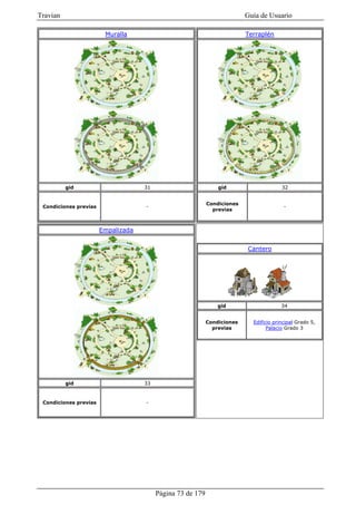 Travian                                                                   Guía de Usuario

                        Muralla                                           Terraplén




          gid                       31                          gid                     32


                                                            Condiciones
 Condiciones previas                -                                                    -
                                                              previas



                       Empalizada


                                                                          Cantero




                                                                gid                     34


                                                            Condiciones     Edificio principal Grado 5,
                                                              previas             Palacio Grado 3




          gid                       33



 Condiciones previas                -




                                         Página 73 de 179
 