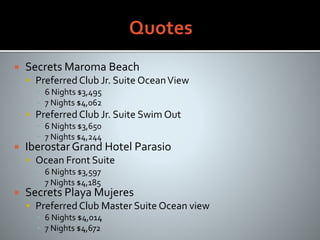  Secrets Maroma Beach
 Preferred Club Jr. Suite OceanView
▪ 6 Nights $3,495
▪ 7 Nights $4,062
 Preferred Club Jr. Suite Swim Out
▪ 6 Nights $3,650
▪ 7 Nights $4,244
 Iberostar Grand Hotel Parasio
 Ocean Front Suite
▪ 6 Nights $3,597
▪ 7 Nights $4,185
 Secrets Playa Mujeres
 Preferred Club Master Suite Ocean view
▪ 6 Nights $4,014
▪ 7 Nights $4,672
 