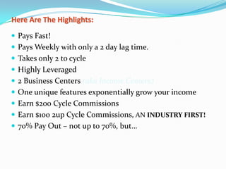 Here Are The Highlights:
 Pays Fast!
 Pays Weekly with only a 2 day lag time.
 Takes only 2 to cycle
 Highly Leveraged
 2 Business Centers (aka Income Centers)
 One unique features exponentially grow your income
 Earn $200 Cycle Commissions
 Earn $100 2up Cycle Commissions, AN INDUSTRY FIRST!
 70% Pay Out – not up to 70%, but…
 