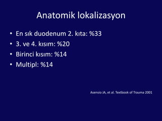 Anatomik lokalizasyonEn sık duodenum 2. kıta: %333. ve 4. kısım: %20Birinci kısım: %14Multipl: %14Asensio JA, et al. Textbook of Trauma 2001