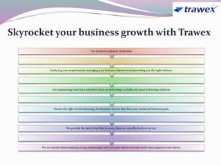 Skyrocket your business growth with Trawex
We are excited about building strong relationships with everyone and we provide world-class support to our clients.
We provide the best of our firm to every client as cost-effectively as we can.
Choose the right travel technology development service that fixes your needs and business goals.
Our engineering team has a relentless focus on delivering a scalable and good technology platform.
Analyzing your requirements, managing your business objectives and providing you the right solution.
Our products empower retail sales.
 