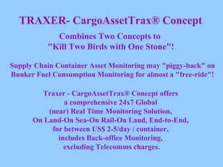 TRAXER- CargoAssetTrax® Concept Combines Two Concepts to  "Kill Two Birds with One Stone"! Supply Chain Container Asset Monitoring may "piggy-back" on Bunker Fuel Consumption Monitoring for almost a "free-ride"! Traxer - CargoAssetTrax® Concept offers  a comprehensive 24x7 Global  (near) Real Time Monitoring Solution,  On Land-On Sea-On Rail-On Land, End-to-End,  for between US$ 2-5/day / container,  includes Back-office Monitoring,  excluding Telecomms charges. 