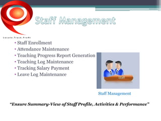 • Staff Enrollment 
• Attendance Maintenance 
• Teaching Progress Report Generation 
• Teaching Log Maintenance 
• Tracking Salary Payment 
• Leave Log Maintenance 
Staff Management 
“Ensure Summary-View of Staff Profile, Activities & Performance” 
 