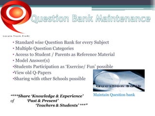• Standard wise Question Bank for every Subject 
• Multiple Question Categories 
• Access to Student / Parents as Reference Material 
• Model Answer(s) 
•Students Participation as ‘Exercise/ Fun’ possible 
•View old Q-Papers 
•Sharing with other Schools possible 
“***Share ‘Knowledge & Experience’ M a i n t a i n Q u e s t i on bank 
of ‘Past & Present’ 
‘Teachers & Students’ ***” 
 