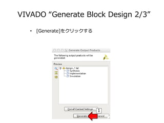 VIVADO “Generate Block Design 2/3”
• [Generate]をクリックする
1
 