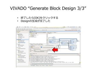 VIVADO “Generate Block Design 3/3”
• 終了したら[OK]をクリックする
• Designの生成が完了した
1
 