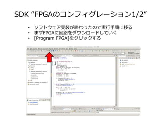 SDK “FPGAのコンフィグレーション1/2”
• ソフトウェア実装が終わったので実行手順に移る
• まずFPGAに回路をダウンロードしていく
• [Program FPGA]をクリックする
1
 