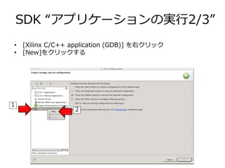 • [Xilinx C/C++ application (GDB)] を右クリック
• [New]をクリックする
1
2
SDK “アプリケーションの実行2/3”
 