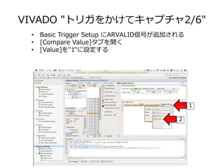 VIVADO "トリガをかけてキャプチャ2/6"
• Basic Trigger Setup にARVALID信号が追加される
• [Compare Value]タブを開く
• [Value]を"1"に設定する
2
1
 