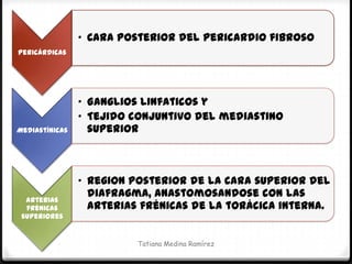• Cara posterior del pericardio fibroso
Pericárdicas




                • Ganglios linfaticos y
                • Tejido conjuntivo del mediastino
Mediastínicas     superior



                • region posterior de la cara superior del
  Arterias
                  diafragma, anastomosandose con las
  frénicas        arterias frénicas de la torácica interna.
 superiores


                          Tatiana Medina Ramírez
 