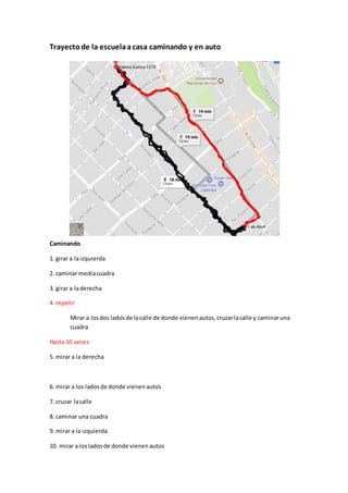 Trayectode la escuelaacasa caminando y en auto
Caminando
1. girar a laizquierda
2. caminar mediacuadra
3. girar a laderecha
4. repetir
Mirar a losdos ladosde lacalle de donde vienenautos,cruzarlacalle y caminaruna
cuadra
Hasta 10 veces
5. mirar a la derecha
6. mirar a los ladosde donde vienenautos
7. cruzar lacalle
8. caminar una cuadra
9. mirar a la izquierda
10. mirar a losladosde donde vienenautos
 