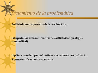b. Tratamiento de la problemática Análisis de los componentes de la problemática. Interpretación de las alternativas de conflictividad (analogía / verosimilitud). Hipótesis causales: por qué motivos o intenciones, con qué razón. Suponer/verificar las consecuencias . 
