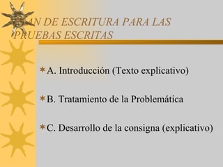 PLAN DE ESCRITURA PARA LAS PRUEBAS ESCRITAS A. Introducción (Texto explicativo) B. Tratamiento de la Problemática C. Desarrollo de la consigna (explicativo) 