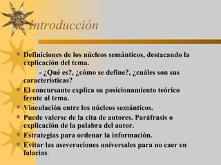 a. Introducción Definiciones de los núcleos semánticos, destacando la explicación del tema. - ¿Qué es?, ¿cómo se define?, ¿cuáles son sus características? El concursante explica su posicionamiento teórico frente al tema. Vinculación entre los núcleos semánticos. Puede valerse de la cita de autores. Paráfrasis o explicación de la palabra del autor. Estrategias para ordenar la información. Evitar las aseveraciones universales para no caer en falacias . 