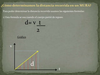 ¿Cómo determinamos la distancia recorrida en un MURA?
Para poder determinar la distancia recorrida usamos las siguientes formulas:
1) Esta formula se usa cuando el cuerpo partió de reposo.
d= v t
2
Gráfico
d
t
v
 