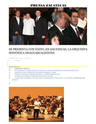 ! 
9#:;$!$'$'$;! 
! 
!#$%!'(#)*#+,-'*.##/()(')(!.#0(#*%12!'(# 
!-34-)(#5(62(!)(0-'!# 
Por DIRECTRIZ - Jue jun 14, 10:27 pm 
x 678 vistas 
x 
x 
Editado pordirectriz 
x T AMBI ÉN H A ESCRI T O 
x SE CONFORMA EL CONSEJO REGIONAL FORESTAL CENTRO OCCIDENTE DEL ESTADO DE ZACATECAS 
x APRUEBA COVAM 62 OBRAS CON INVERSION SUPERIOR A 37 MDP 
x CONVOCA CONAFOR AL PREMIO NACIONAL AL MÉRITO FORESTAL 2012 
x CULMINA JIAPAZ OBRA DE REHABILITACIÓN EN EL SALERO 
x LLAMA JUDIT GUERRERO A ZACATECANOS A CONSOLIDAR EL TRIUNFO DE LA 2$/,,Ï1³203520,62325 
0e;,2´ 
x 
 