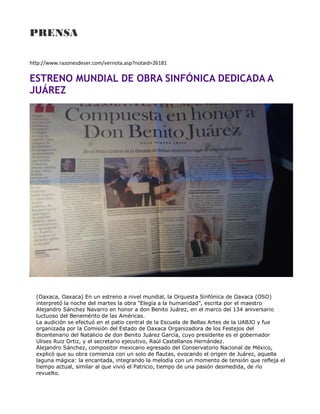 9#:;$! 
123 i_^OMOMO8N3 
 
P:OGP?MD4?R^8NRPN8:4^OP 
ZMN^U8GRPNDP_^L8?M 
8NPA8?RGM:8?LPV 
?8U8GGM 
/D2UTXHVWD6LQIyQLFD1DFLRQDOHVWUHQyFRQp[LWROD³6XLWH%ROtYDU´GHDFXHUGRDOFRPXQLFDGRSXblicado 
por La Secretaria de Cultura de La República de Paraguay. Con gran éxito, la Orquesta Sinfónica Nacional 
del Paraguay (OSN), dependiente de la Dirección General de Creación y Diversidad Cultural de la 
Secretaría Nacional de Cultura, cuyo Director titular es el Maestro Juan Carlos Dos Santos, realizó el 
HVWUHQRPXQGLDOGHOD³6XLWH%ROtYDU´FUHDGDSRUHOFpOHEUHFRPSRVLWRUGLUHFWRUGHRUTXHVWD 
mexicanoAlejandro Sánchez-Navarro . Fue el pasado jueves 30 de setiembre, , en la Sala de Convenciones 
del Banco Central del Paraguay, en el marco 9no. Concierto de la Temporada 2010 de esta agrupación. 
Este trascendental acontecimiento a nivel mundial pudo concretarse gracias al apoyo y auspicio de la 
Embajada de la República de México, marcando la culminación de los festejos conmemorativos de los 
doscientos años de su independencia. El concierto contó también con el apoyo de la Cerveza mexicana 
³RURQD´(QHVDQRFKHGHJDODHO0DHVWUR6iQFKH]1DYDUURWXYRDVXFDUJRODGLUHFFLyQGHOD261/D 
parte vocal de esta obra, de carácter sinfónico- coral, fue interpretada por el Coro del Ateneo Paraguayo. 
 