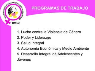 PROGRAMAS DE TRABAJO   1. Lucha contra la Violencia de Género 2. Poder y Liderazgo 3. Salud Integral 4. Autonomía Económica y Medio Ambiente 5. Desarrollo Integral de Adolescentes y Jóvenes 