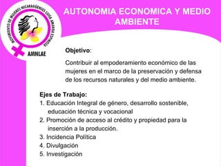 AUTONOMIA ECONOMICA Y MEDIO AMBIENTE Objetivo :  Contribuir al empoderamiento económico de las mujeres en el marco de la preservación y defensa de los recursos naturales y del medio ambiente. Ejes de  Trabajo: 1. Educación Integral de género, desarrollo sostenible, educación técnica y vocacional 2. Promoción de acceso al crédito y propiedad para la inserción a la producción. 3. Incidencia Política  4. Divulgación  5. Investigación  