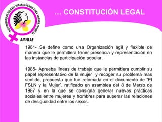 1981- Se define como una Organización ágil y flexible de manera que le permitiera tener presencia y representación en las instancias de participación popular. 1985- Aprueba líneas de trabajo que le permitiera cumplir su papel representativo de la mujer  y recoger su problema mas sentido, propuesta que fue retomada en el documento de “El FSLN y la Mujer”, ratificado en asamblea del 8 de Marzo de 1987 y en la que se consigna generar nuevas prácticas sociales entre mujeres y hombres para superar las relaciones de desigualdad entre los sexos. …  CONSTITUCIÓN LEGAL 