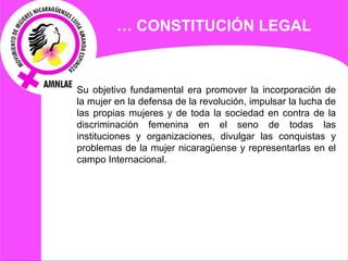 Su objetivo fundamental era promover la incorporación de la mujer en la defensa de la revolución, impulsar la lucha de las propias mujeres y de toda la sociedad en contra de la discriminación femenina en el seno de todas las instituciones y organizaciones, divulgar las conquistas y problemas de la mujer nicaragüense y representarlas en el campo Internacional. …  CONSTITUCIÓN LEGAL 