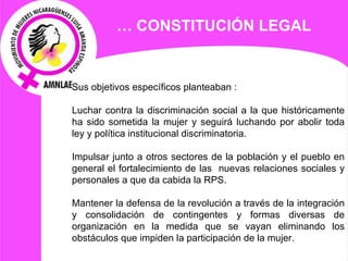 Sus objetivos específicos planteaban : Luchar contra la discriminación social a la que históricamente ha sido sometida la mujer y seguirá luchando por abolir toda ley y política institucional discriminatoria.   Impulsar junto a otros sectores de la población y el pueblo en general el fortalecimiento de las  nuevas relaciones sociales y personales a que da cabida la RPS.   Mantener la defensa de la revolución a través de la integración y consolidación de contingentes y formas diversas de organización en la medida que se vayan eliminando los obstáculos que impiden la participación de la mujer.   . …  CONSTITUCIÓN LEGAL 