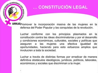 Promover la incorporación masiva de las mujeres en la defensa del Poder Popular y las conquistas de la revolución.   Luchar conforme con los principios plasmados en la constitución contra las ideas discriminatorias y por el desarrollo y condiciones económicas, culturales, sociales y políticas que aseguren a las mujeres una efectiva igualdad de oportunidades, haciendo para esto esfuerzos amplios que involucren a toda la sociedad.   Luchar a través de distintas formas por erradicar de manera definitiva obstáculos ideológicos, jurídicos, políticos, laborales, económicos y sociales que discriminan a la mujer.   . …  CONSTITUCIÓN LEGAL 