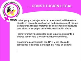 Luchar porque la mujer alcance una maternidad libremente elegida en base a la planificación y educación sexual, sin que las responsabilidades maternas se conviertan en obstáculos para alcanzar su propio desarrollo y realización laboral.   Promover efectiva solidaridad entre la pareja en cuanto a labores domesticas y responsabilidades familiares.   Organizar en coordinación con ONG y con el estado actividades tendientes a proteger a la niñez en general.   . …  CONSTITUCIÓN LEGAL 