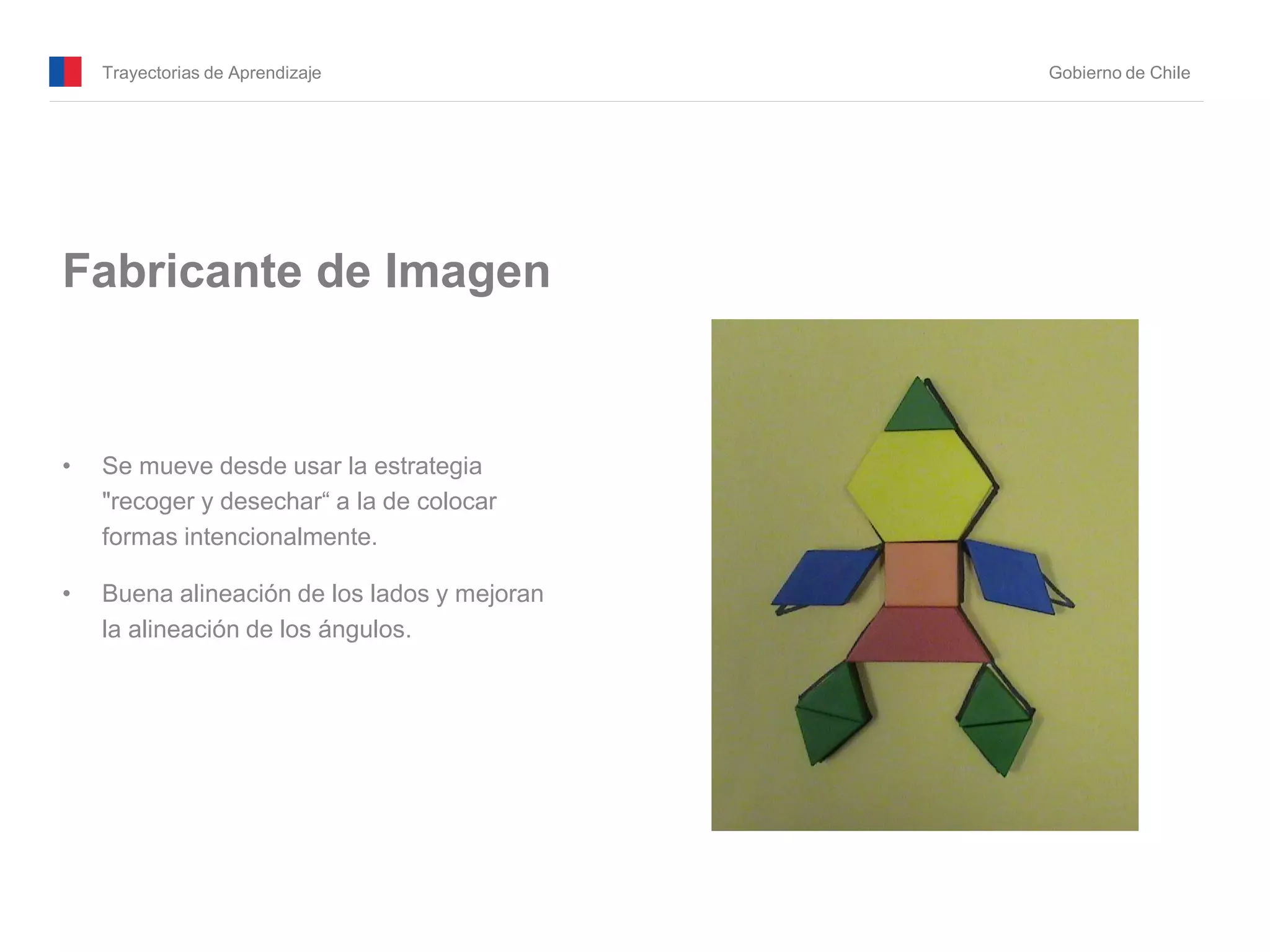Trayectorias de Aprendizaje Gobierno de Chile
• Se mueve desde usar la estrategia
"recoger y desechar“ a la de colocar
formas intencionalmente.
• Buena alineación de los lados y mejoran
la alineación de los ángulos.
Fabricante de Imagen
 