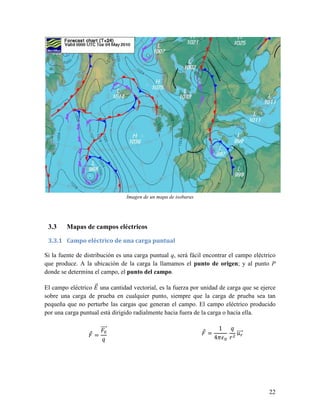 Imagen de un mapa de isobaras




 3.3    Mapas de campos eléctricos

 3.3.1 Campo eléctrico de una carga puntual

Si la fuente de distribución es una carga puntual q, será fácil encontrar el campo eléctrico
que produce. A la ubicación de la carga la llamamos el punto de origen; y al punto P
donde se determina el campo, el punto del campo.

                   ST
El campo eléctrico R una cantidad vectorial, es la fuerza por unidad de carga que se ejerce
sobre una carga de prueba en cualquier punto, siempre que la carga de prueba sea tan
pequeña que no perturbe las cargas que generan el campo. El campo eléctrico producido
por una carga puntual está dirigido radialmente hacia fuera de la carga o hacia ella.

                       SSST                                           1 U
                  T=                                            T=         SSSST
                                                                           2
                       U                                             4VW ! %




                                                                                         22
 