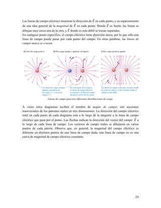 ST
Las líneas de campo eléctrico muestran la dirección de R en cada punto, y su espaciamiento
                                        ST                        ST
da una idea general de la magnitud de R en cada punto. Donde R es fuerte, las líneas se
                                    ST
dibujan muy cerca una de la otra, y R donde es más débil se trazan separadas.
En cualquier punto específico, el campo eléctrico tiene dirección única, por lo que sólo una
línea de campo puede pasar por cada punto del campo. En otras palabras, las líneas de
campo nunca se cruzan.




                    Líneas de campo para tres diferentes distribuciones de carga.


A veces estos diagramas reciben el nombre de mapas de campo; son secciones
transversales de los patrones reales en tres dimensiones. La dirección del campo eléctrico
total en cada punto de cada diagrama está a lo largo de la tangente a la línea de campo
                                                                                       ST
eléctrico que pasa por el punto. Las flechas indican la dirección del vector del campo R a
lo largo de cada línea de campo. Los vectores de campo reales se dibujaron en varios
puntos de cada patrón. Observe que, en general, la magnitud del campo eléctrico es
diferente en distintos puntos de una línea de campo dada; una línea de campo no es una
curva de magnitud de campo eléctrico constante.




                                                                                         24
 