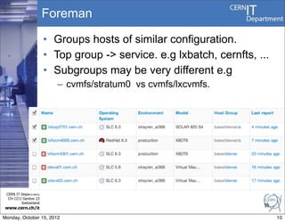 Foreman

                       • Groups hosts of similar configuration.
                       • Top group -> service. e.g lxbatch, cernfts, ...
                       • Subgroups may be very different e.g
                          – cvmfs/stratum0 vs cvmfs/lxcvmfs.




 CERN IT Department
  CH-1211 Genève 23
         Switzerland
                                                                      10
www.cern.ch/it

Monday, October 15, 2012                                                   10
 