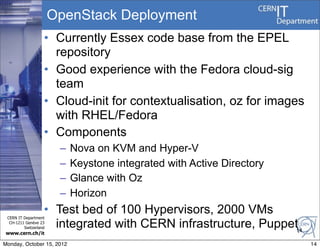 OpenStack Deployment
                   • Currently Essex code base from the EPEL
                     repository
                   • Good experience with the Fedora cloud-sig
                     team
                   • Cloud-init for contextualisation, oz for images
                     with RHEL/Fedora
                   • Components
                        –   Nova on KVM and Hyper-V
                        –   Keystone integrated with Active Directory
                        –   Glance with Oz
                        –   Horizon

 CERN IT Department
                   • Test bed of 100 Hypervisors, 2000 VMs
  CH-1211 Genève 23
         Switzerland integrated with CERN infrastructure, Puppet14
www.cern.ch/it

Monday, October 15, 2012                                                14
 
