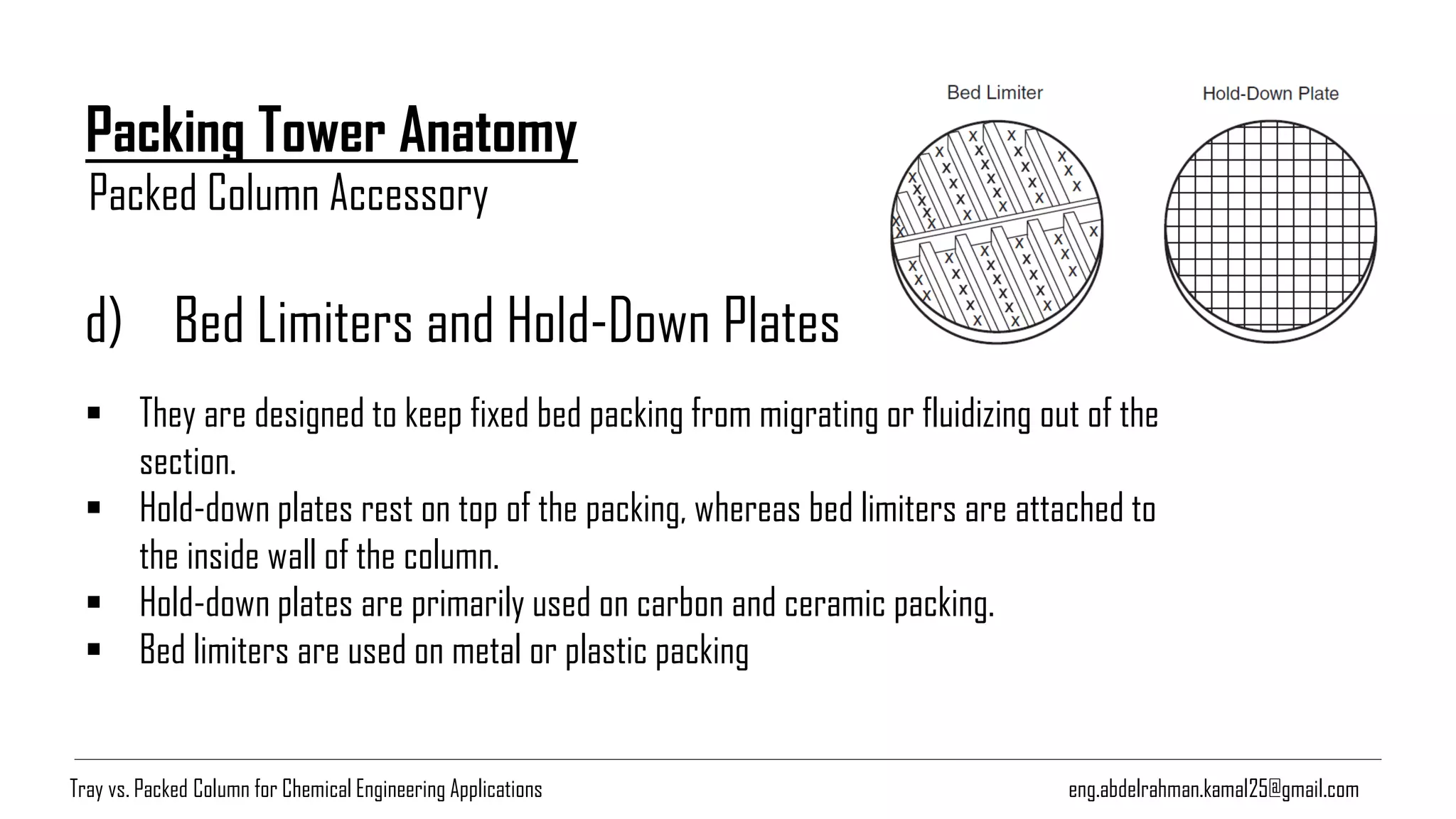 eng.abdelrahman.kamal25@gmail.com
Packing Tower Anatomy
d) Bed Limiters and Hold-Down Plates
▪ They are designed to keep fixed bed packing from migrating or fluidizing out of the
section.
▪ Hold-down plates rest on top of the packing, whereas bed limiters are attached to
the inside wall of the column.
▪ Hold-down plates are primarily used on carbon and ceramic packing.
▪ Bed limiters are used on metal or plastic packing
Packed Column Accessory
Tray vs. Packed Column for Chemical Engineering Applications
 