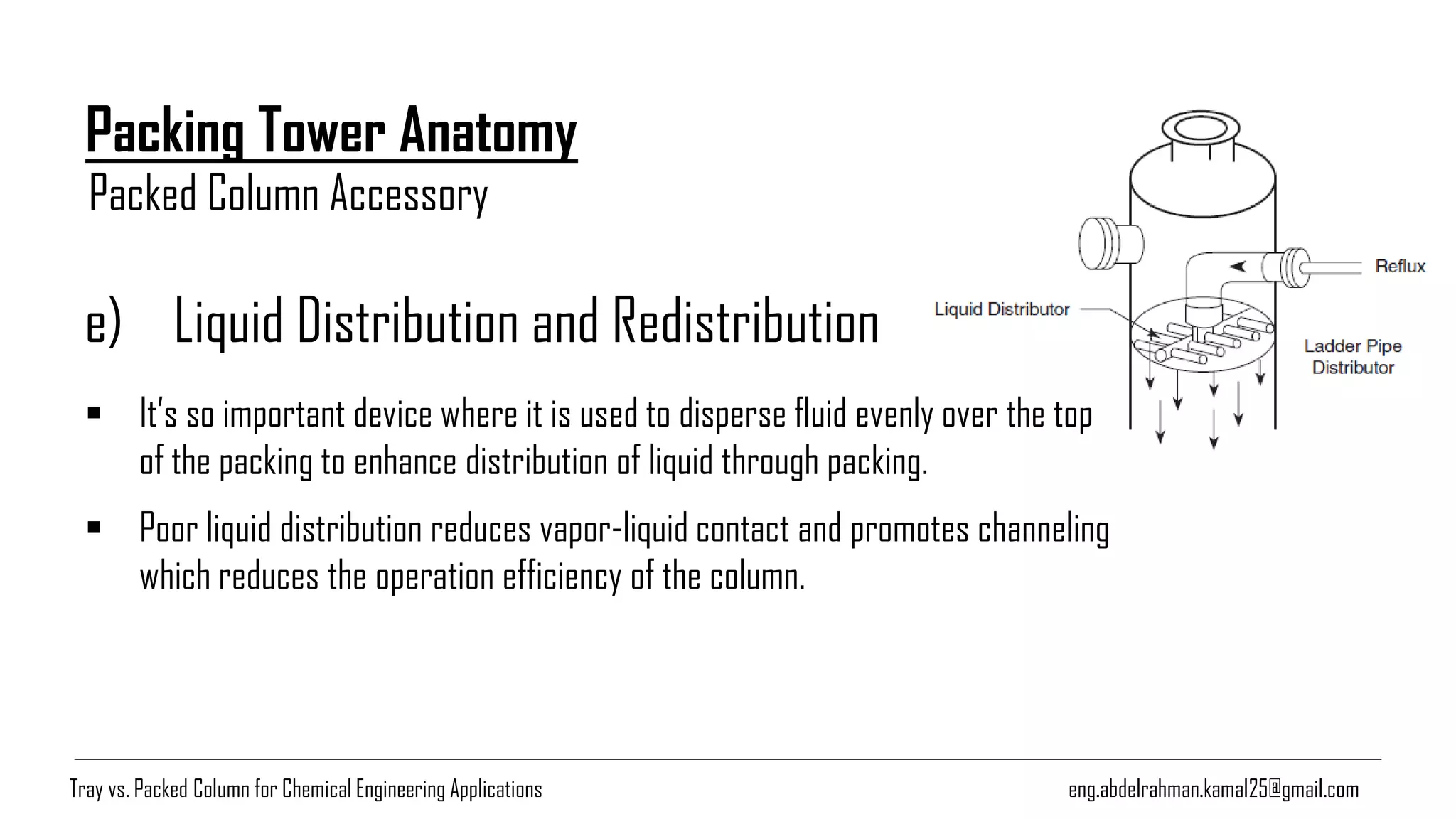 eng.abdelrahman.kamal25@gmail.com
Packing Tower Anatomy
e) Liquid Distribution and Redistribution
▪ It’s so important device where it is used to disperse fluid evenly over the top
of the packing to enhance distribution of liquid through packing.
▪ Poor liquid distribution reduces vapor-liquid contact and promotes channeling
which reduces the operation efficiency of the column.
Packed Column Accessory
Tray vs. Packed Column for Chemical Engineering Applications
 