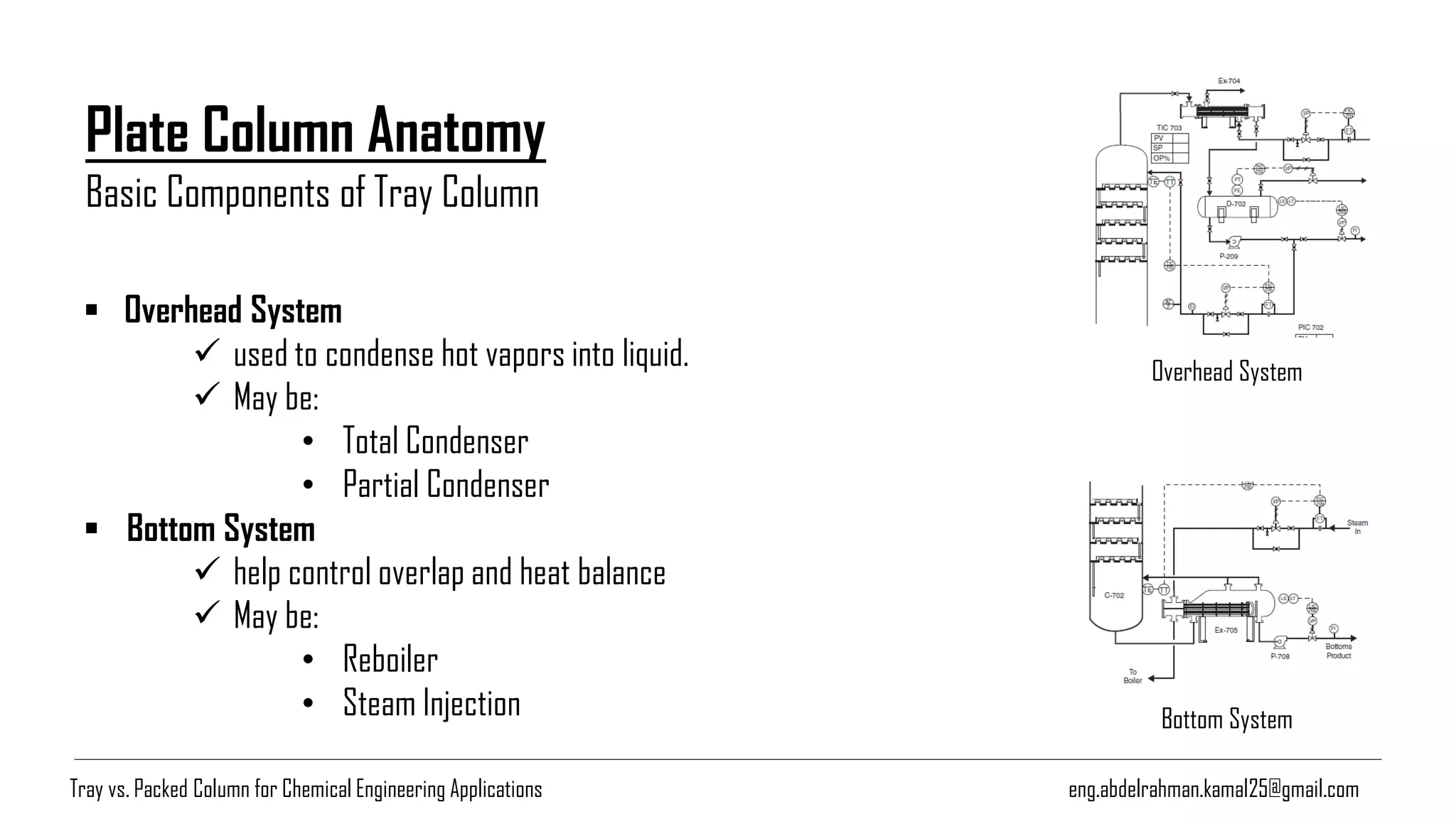 Plate Column Anatomy
Basic Components of Tray Column
eng.abdelrahman.kamal25@gmail.com
▪ Overhead System
✓ used to condense hot vapors into liquid.
✓ May be:
• Total Condenser
• Partial Condenser
▪ Bottom System
✓ help control overlap and heat balance
✓ May be:
• Reboiler
• Steam Injection
Overhead System
Bottom System
Tray vs. Packed Column for Chemical Engineering Applications
 