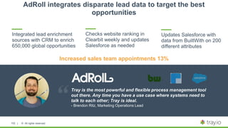 | © All rights reserved.102
Integrated lead enrichment
sources with CRM to enrich
650,000 global opportunities
Tray is the most powerful and flexible process management tool
out there. Any time you have a use case where systems need to
talk to each other; Tray is ideal.
- Brendon Ritz, Marketing Operations Lead
Checks website ranking in
Clearbit weekly and updates
Salesforce as needed
Updates Salesforce with
data from BuiltWith on 200
different attributes
AdRoll integrates disparate lead data to target the best
opportunities
Increased sales team appointments 13%
 
