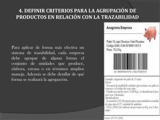 4. DEFINIR CRITERIOS PARA LA AGRUPACIÓN DE
PRODUCTOS EN RELACIÓN CON LA TRAZABILIDAD
Para aplicar de forma más efectiva un
sistema de trazabilidad, cada empresa
debe agrupar de alguna forma el
conjunto de unidades que produce,
elabora, envasa o en términos amplios
maneja. Además se debe detallar de qué
forma se realizará la agrupación.
 