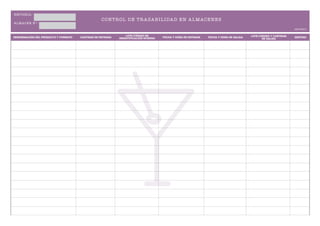E M PRE SA :
                                                  C O N T R O L DE T R A ZA BIL IDA D EN A L M AC EN ES
A LM ACE N N º:
                                                                                                                                                                  IM PRES O

                                                                LOTE/CÓDIGO DE                                                           LOTE/CÓDIGO Y CANTIDAD
DENOMINACIÓN DEL PRODUCTO Y FORMATO   CANTIDAD DE ENTRADA   INDENTIFICACIÓN INTERNO   FECHA Y HORA DE ENTRADA   FECHA Y HORA DE SALIDA                            DESTINO
                                                                                                                                               DE SALIDA
 