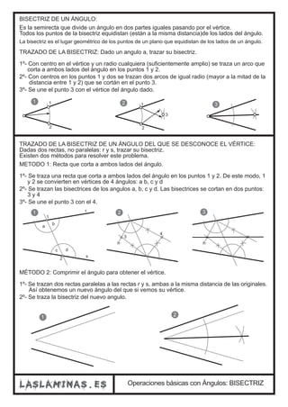 BISECTRIZ DE UN ÁNGULO: 
Es la semirecta que divide un ángulo en dos partes iguales pasando por el vértice. 
Todos los puntos de la bisectriz equidistan (están a la misma distancia)de los lados del ángulo. 
La bisectriz es el lugar geométrico de los puntos de un plano que equidistan de los lados de un ángulo. 
TRAZADO DE LA BISECTRIZ: Dado un angulo a, trazar su bisectriz. 
1º- Con centro en el vértice y un radio cualquiera (suficientemente amplio) se traza un arco que 
corta a ambos lados del ángulo en los puntos 1 y 2. 
2º- Con centros en los puntos 1 y dos se trazan dos arcos de igual radio (mayor a la mitad de la 
distancia entre 1 y 2) que se cortán en el punto 3. 
3º- Se une el punto 3 con el vértice del ángulo dado. 
1 2 3 
Operaciones básicas con Ángulos: BISECTRIZ 
1 
2 
1 
2 
3 
TRAZADO DE LA BISECTRIZ DE UN ÁNGULO DEL QUE SE DESCONOCE EL VÉRTICE: 
Dadas dos rectas, no paralelas: r y s, trazar su bisectriz. 
Existen dos métodos para resolver este problema. 
METODO 1: Recta que corta a ambos lados del ángulo. 
1º- Se traza una recta que corta a ambos lados del ángulo en los puntos 1 y 2. De este modo, 1 
y 2 se convierten en vértices de 4 ángulos: a b, c y d 
2º- Se trazan las bisectrices de los angulos a, b, c y d. Las bisectrices se cortan en dos puntos: 
3 y 4 
3º- Se une el punto 3 con el 4. 
r 
1 2 3 
1 
2 
a b 
c d 
3 
4 
s 
MÉTODO 2: Comprimir el ángulo para obtener el vértice. 
1º- Se trazan dos rectas paralelas a las rectas r y s, ambas a la misma distancia de las originales. 
Así obtenemos un nuevo ángulo del que si vemos su vértice. 
2º- Se traza la bisectriz del nuevo angulo. 
1 2 
 
